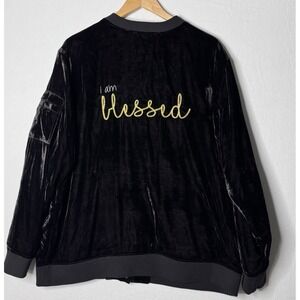 Peace Love‎ World Black Velvet Bomber Jacket Sz XL Blessed Grateful Affirmation